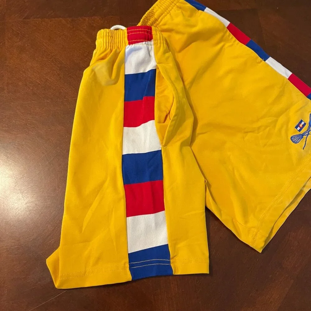 Fit 2 Win Lacrosse Shorts Yellow With Red/Blue Stripe Design & Elastic Waistband